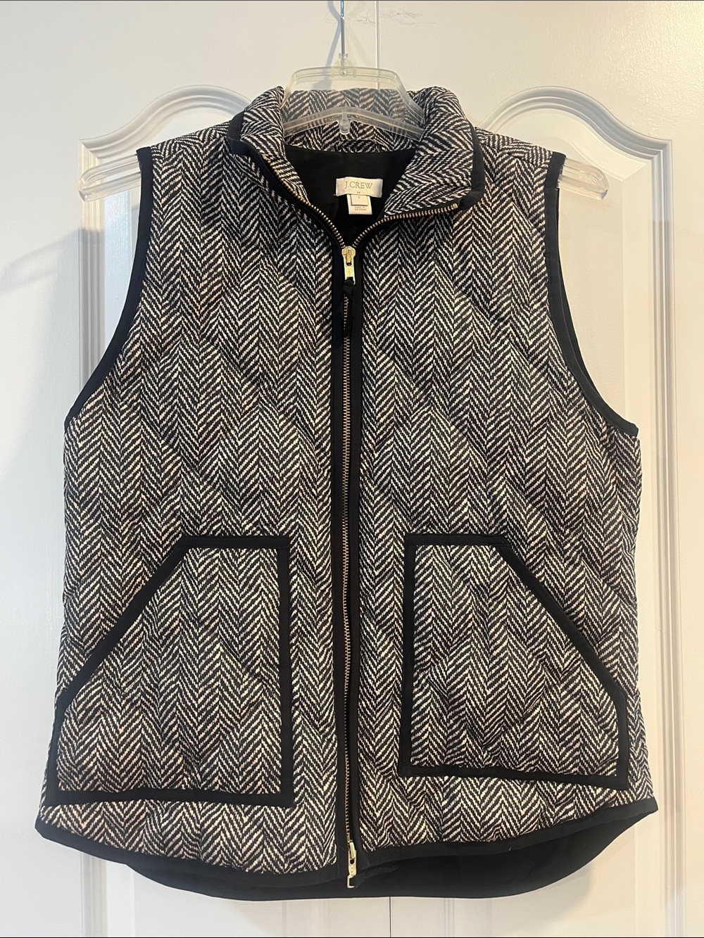 J. Crew Black & Cream Herringbone Quilted Vest with Contrast Trim